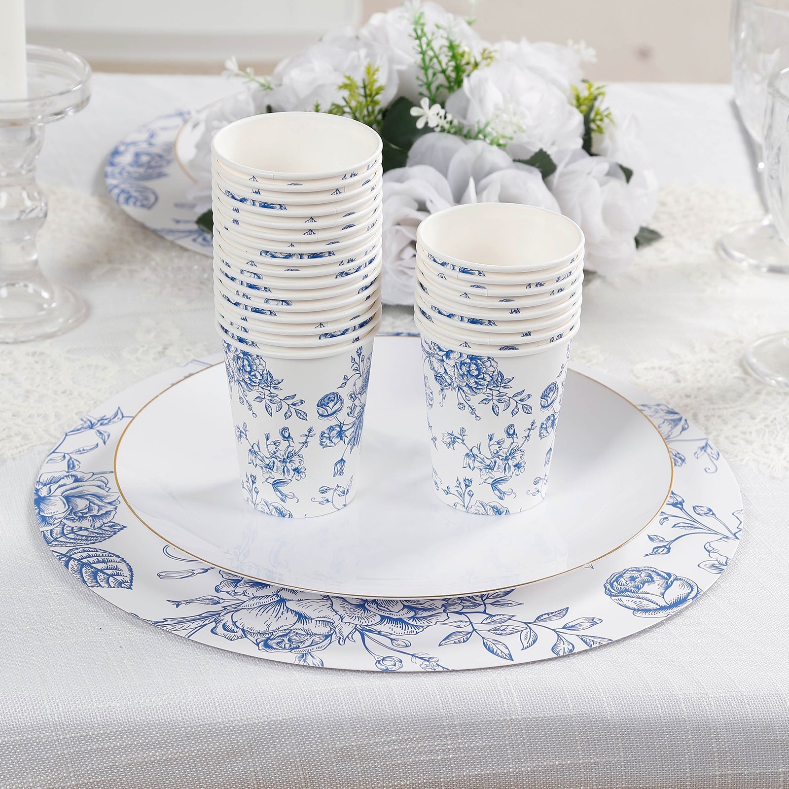 50-Pack Paper Cups 9oz White with Blue French Toile Print - Image 2