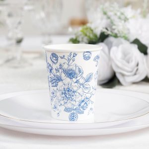 50-Pack Paper Cups 9oz White with Blue French Toile Print